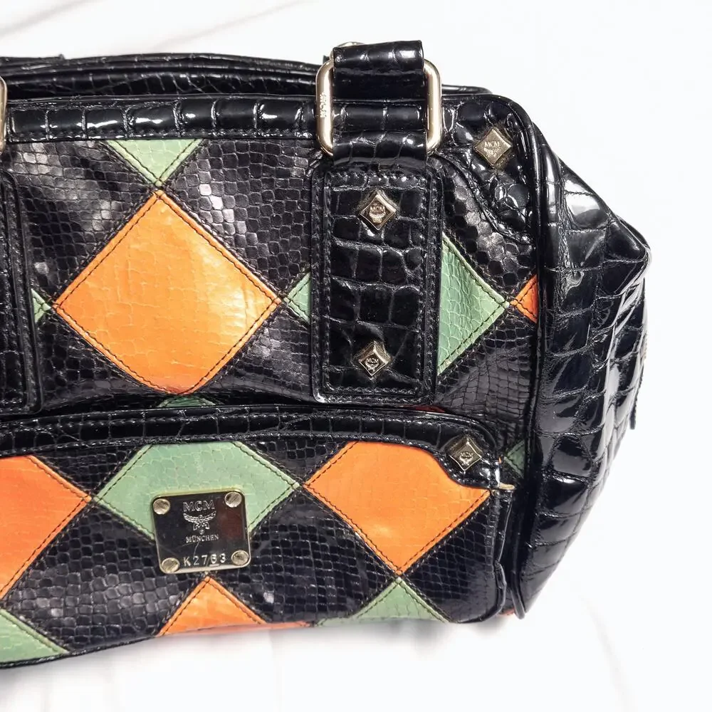 MCM Harlequin Satchel Bag Black Leather Y2K Maximalist Collector